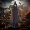 Witch with Broom Halloween Animatronic – Light-Up Eyes - Image 2
