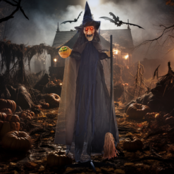 Alternative view of HOMCOM Halloween Witch with Broomstick Animatronic Prop with Light Up Eyes