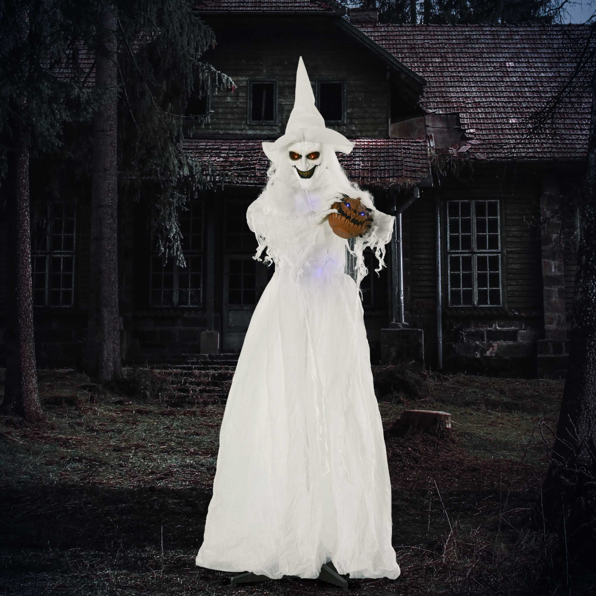 6ft Halloween White Witch Prop with Light-Up Eyes & Pumpkin 6ft Halloween White Witch Prop with Light-Up Eyes & Pumpkin - Image 2