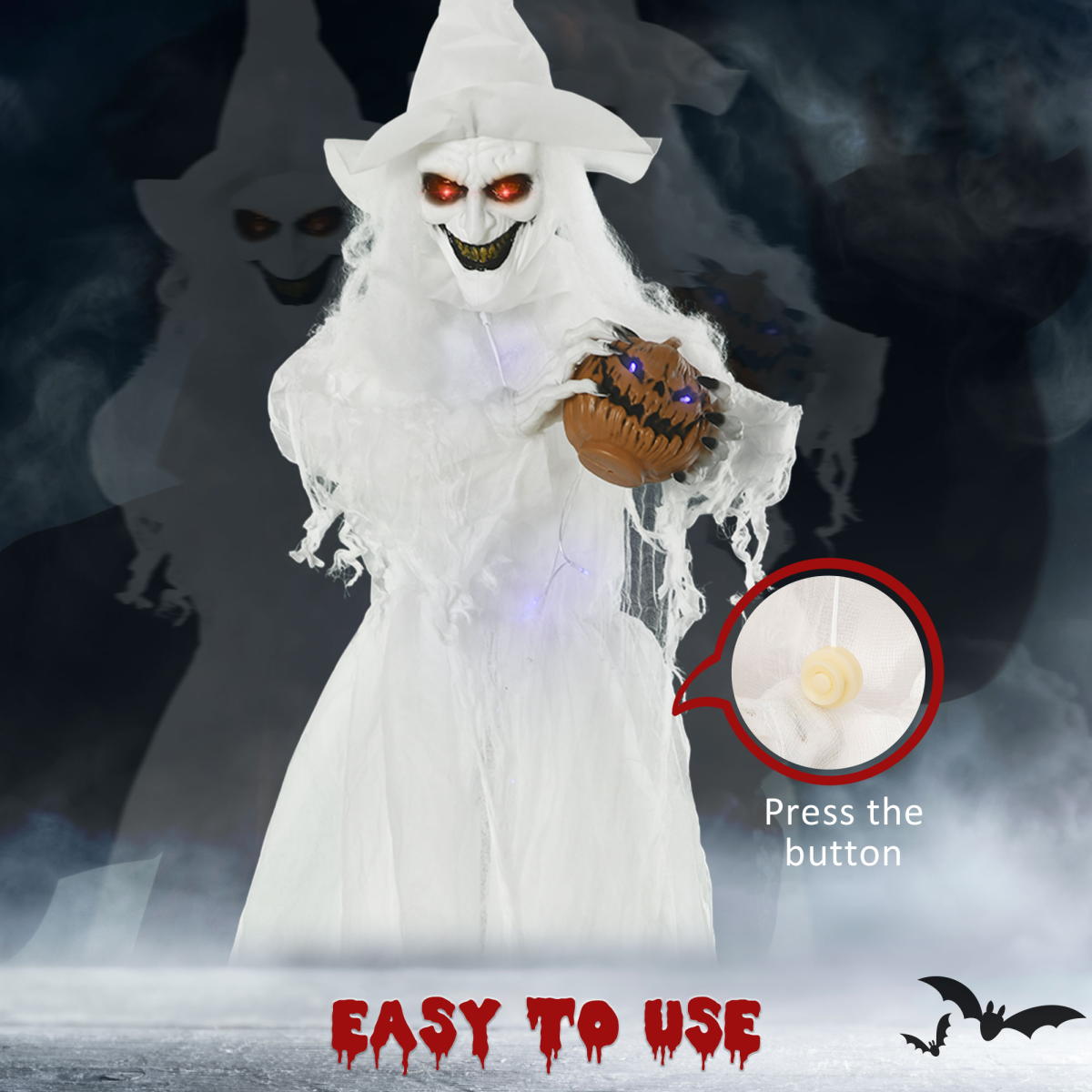 6ft Halloween White Witch Prop with Light-Up Eyes & Pumpkin 6ft Halloween White Witch Prop with Light-Up Eyes & Pumpkin - Image 5