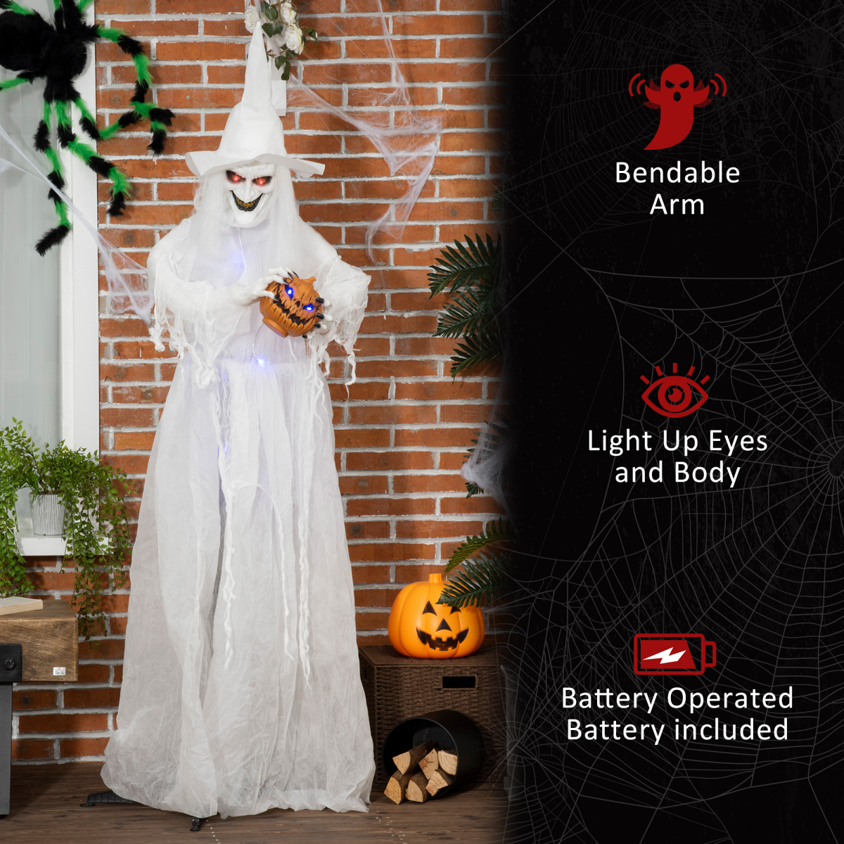 6ft Halloween White Witch Prop with Light-Up Eyes & Pumpkin 6ft Halloween White Witch Prop with Light-Up Eyes & Pumpkin - Image 6