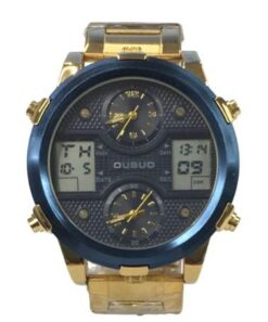 Ousuo Mens Fashion Ana Digital Big Dated Blue Dial Gold Plated Bracelet Watch NY London