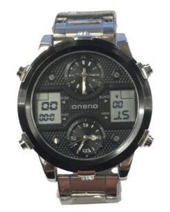 Ousuo Mens Fashion Ana Digital Big Dated Black Dial Silver Plated Bracelet Watch NY London