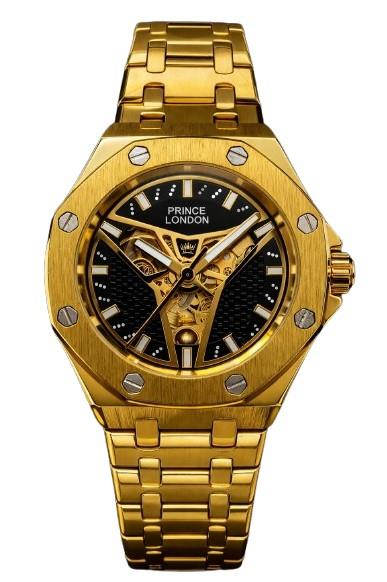 NYL Mens Automatic Metal Hollow Mechanical Octagon Screw Decoration Dial Analogue Gold/Black Metal Bracelet Watch NY London NYL Mens Automatic Metal Hollow Mechanical Octagon Screw Decoration Dial Analogue Gold/Black Metal Bracelet Watch NY London