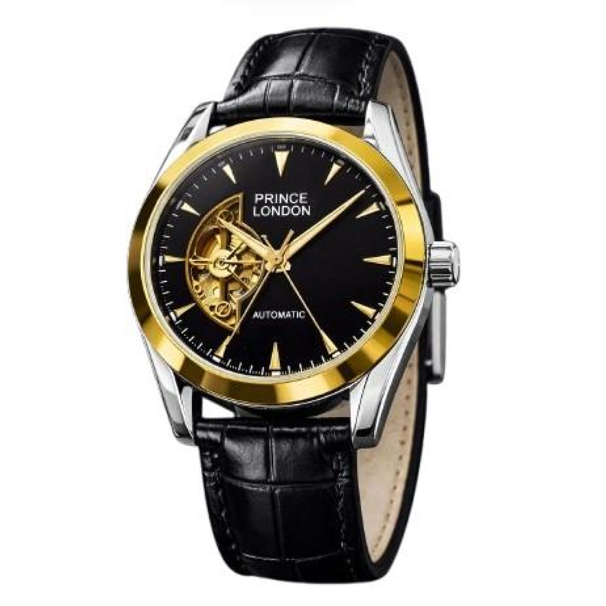 NYL Mens Fashion Automatic Leather Mechanical Round Face Dial Analogue Gold/Black Faux Leather Strap Watch NY London NYL Mens Fashion Automatic Leather Mechanical Round Face Dial Analogue Gold/Black Faux Leather Strap Watch NY London