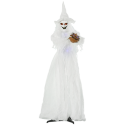 6ft Halloween White Witch Prop with Light-Up Eyes & Pumpkin