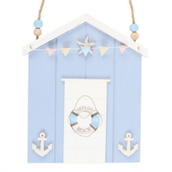 Blue Beach Hut Hanging Decoration with Life Ring – Coastal Wall Ornament